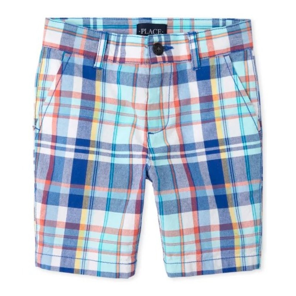 (CL) The Childrens Place Boys Plaid Chino Shorts Blue Orange Size 14 Cotton